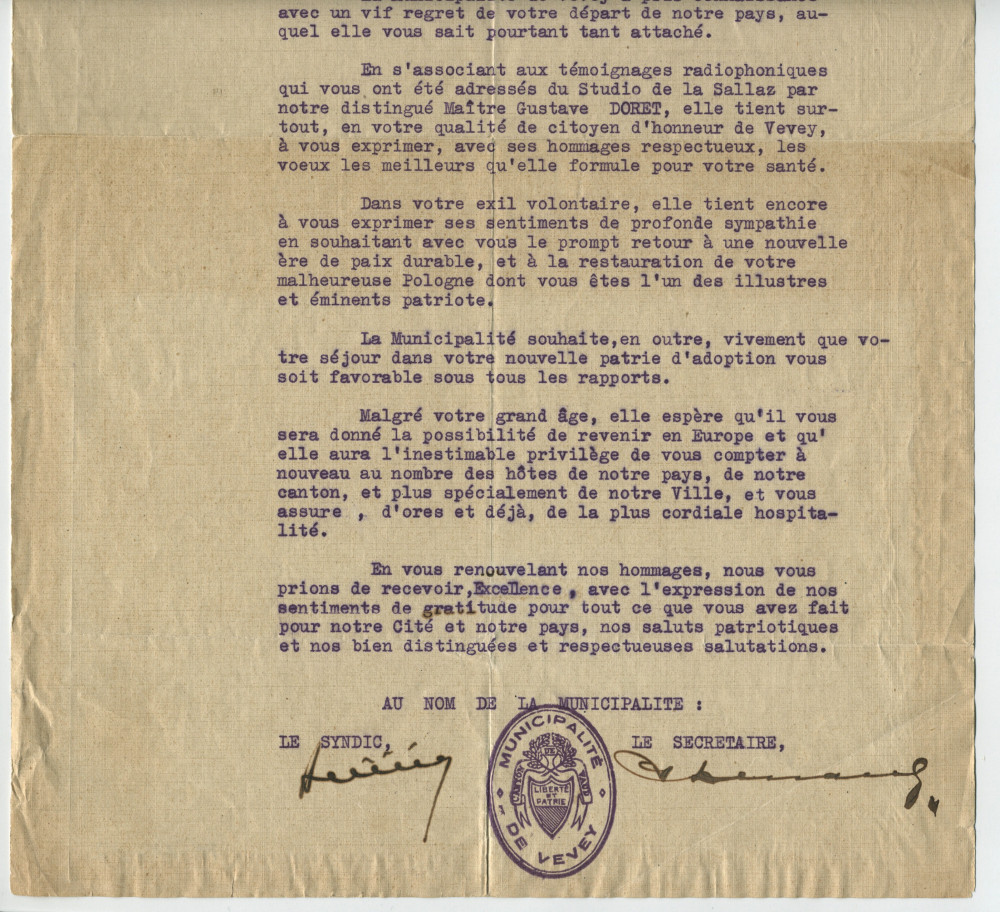 Lettre adressée par la Municipalité de Vevey, par son syndic David Dénéréaz, «à son Excellence Monsieur Jean-Ignace Paderewski, président du Conseil polonais, aux bons soins de Monsieur Henry Vallotton-Warnery, docteur en droit, Lausanne», le 27 novembre 1