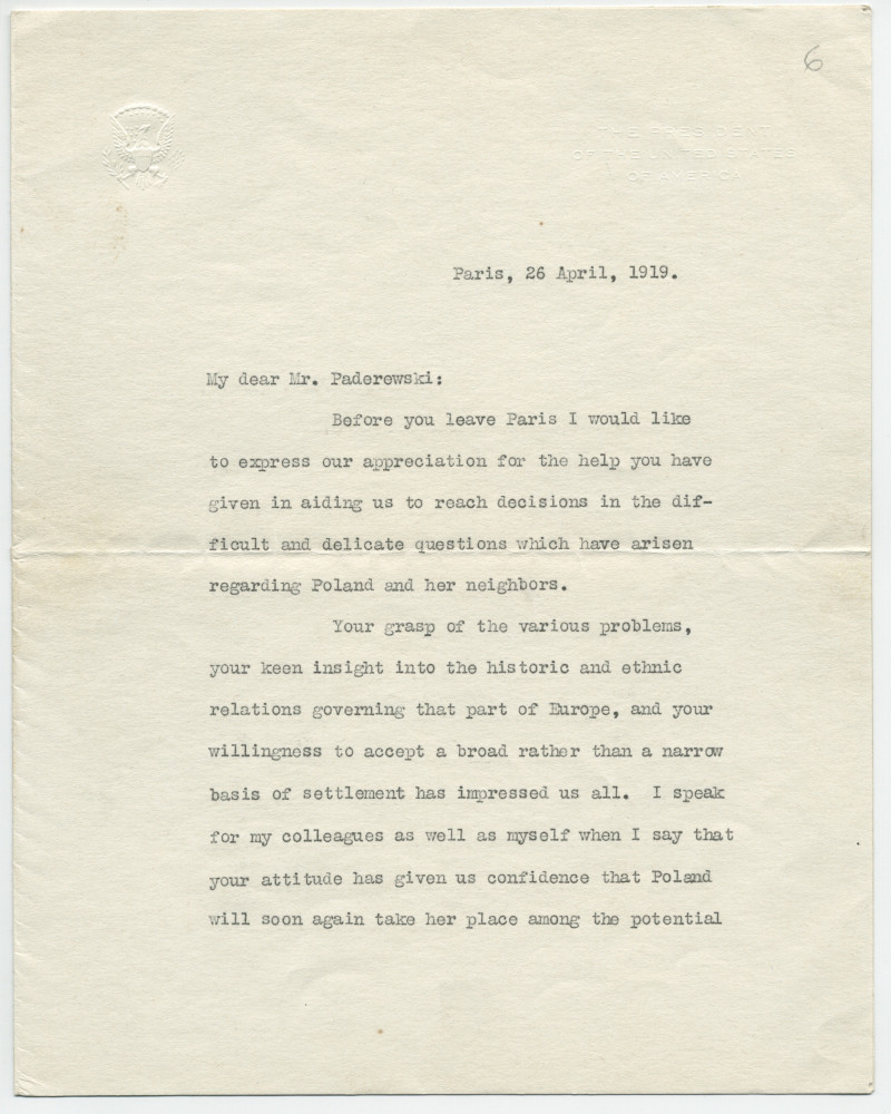 Lettre (avec enveloppe) adressée par le président américain Woodrow Wilson à «Hon. Jan Paderewski, President of Poland, Paris», de Paris le 26 avril 1919
