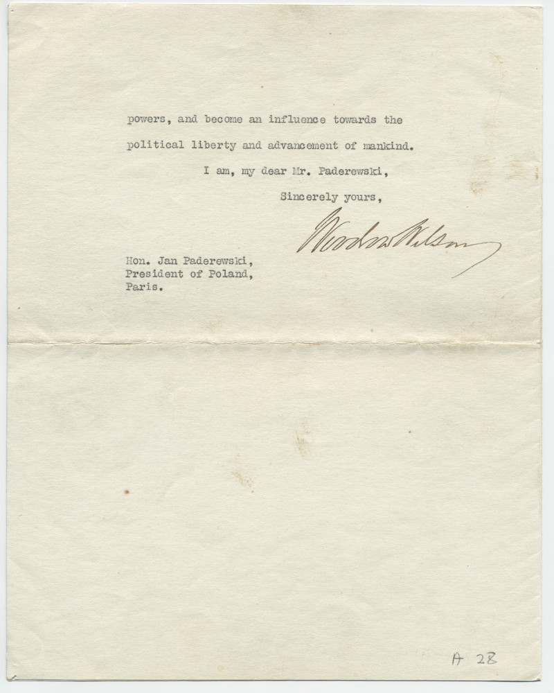 Lettre (avec enveloppe) adressée par le président américain Woodrow Wilson à «Hon. Jan Paderewski, President of Poland, Paris», de Paris le 26 avril 1919
