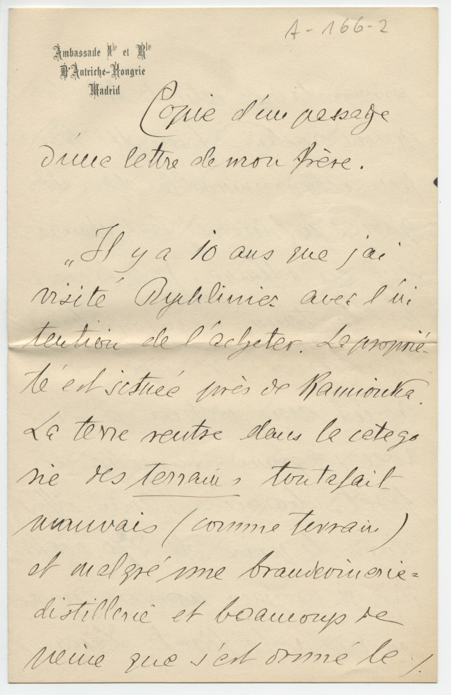 Lettre adressée par [le comte Stanislas de] Wisniewski, [conseiller] à l'ambassade impériale et royale d'Autriche-Hongrie à Madrid, à «mon cher Maestro» Paderewski, le 3 juin 1902