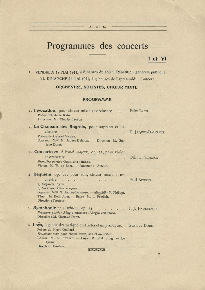Libretto de la 12e Fête des Musiciens Suisses (publié par la revue «La Vie Musicale» dirigée par Georges Humbert), durant laquelle est interprétée la première partie de la Symphonie en si mineur op. 24 de Paderewski