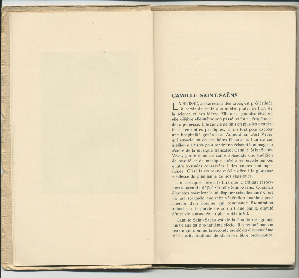 Libretto des Fêtes musicales en l'honneur de Camille Saint-Saëns organisées du 18 au 21 mai 1913 au Casino du Rivage et au Temple Saint-Martin à Vevey avec le concours de Camille Saint-Saëns, Ignace Paderewski et Gustave Doret (a-f)