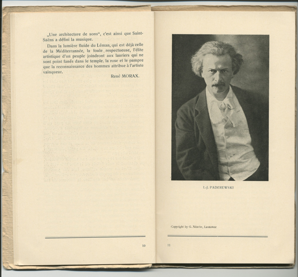 Libretto des Fêtes musicales en l'honneur de Camille Saint-Saëns organisées du 18 au 21 mai 1913 au Casino du Rivage et au Temple Saint-Martin à Vevey avec le concours de Camille Saint-Saëns, Ignace Paderewski et Gustave Doret (a-f)