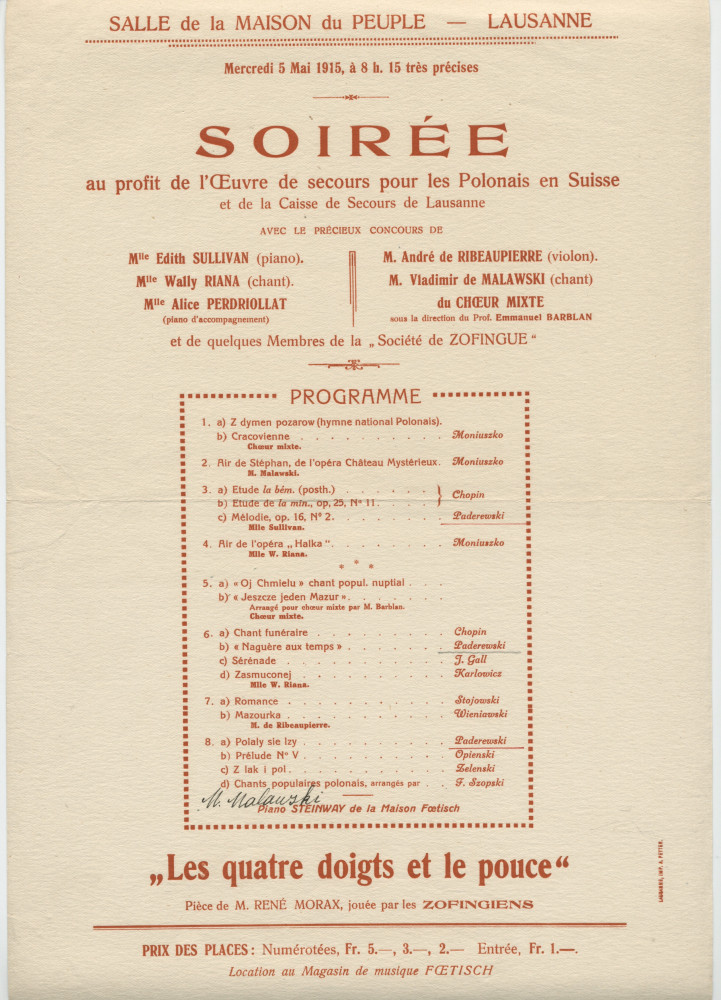 Programme (avec textes chantés) de la soirée au profit de l'Œuvre de secours pour les Polonais en Suisse et de la Caisse de secours de Lausanne donnée le 5 mai 1915 à la Maison du Peuple à Lausanne