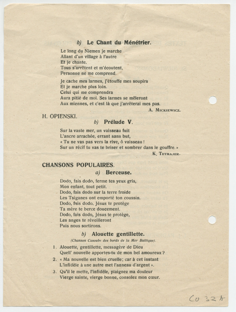 Programme du récital donné le 1er mars 1927 à la Salle de la Concorde à Morges par la cantatrice Lydia Barblan-Opienska et la pianiste Yvonne Barblan, interprètes entre autres de deux mélodies de Paderewski (avec traduction française des paroles)