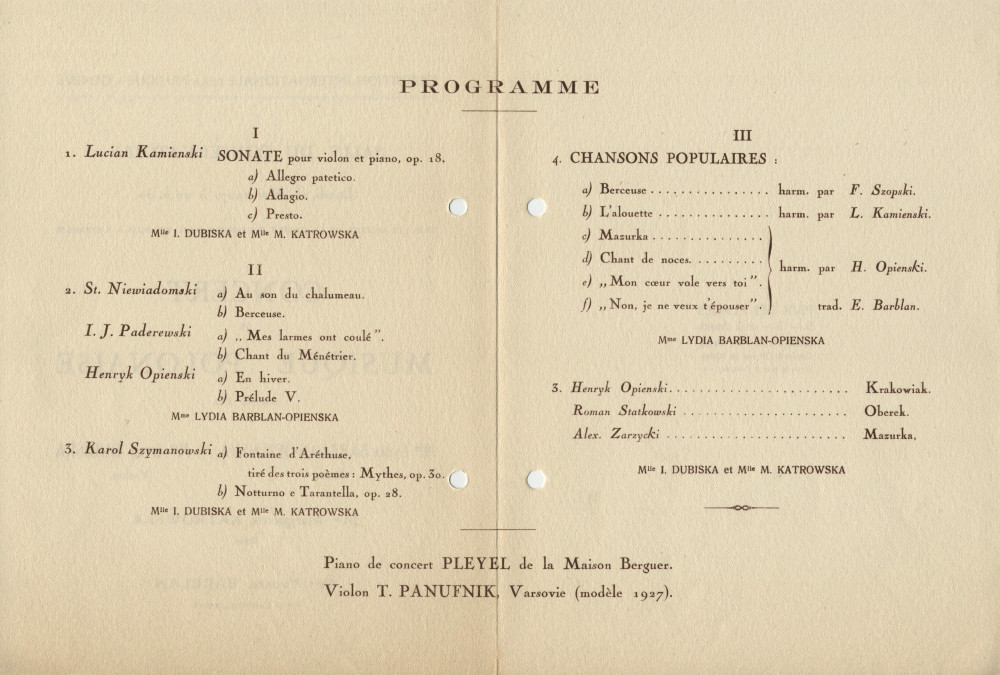 Programme du «concert de musique polonaise» donné le 16 mai 1927 à la Salle du Conservatoire de Genève par la cantatrice Lydia Barblan-Opienska et la pianiste Yvonne Barblan (entre autres musiciens), interprètes notamment d'une mélodie de Paderewski