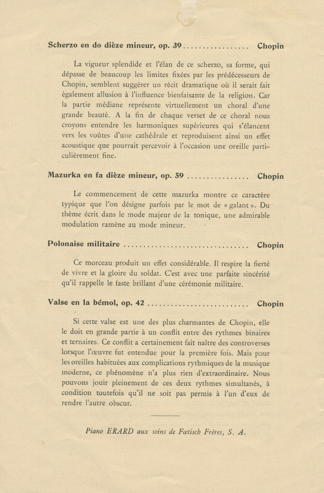 Libretto du récital Chopin donnée par Paderewski le 5 décembre 1928 à la Cathédrale de Lausanne au profit de la construction d'une salle de concerts à Lausanne (f-h)