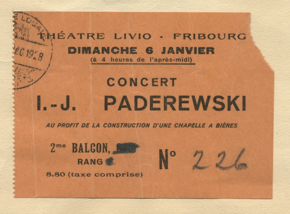 Programme du récital Chopin donné par Paderewski le 6 janvier 1929 au Théâtre Livio de Fribourg au profit de la construction d'une Chapelle à Bière