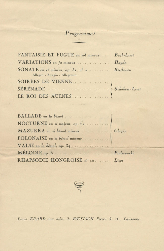 Programme du récital Chopin donné par Paderewski le 6 janvier 1929 au Théâtre Livio de Fribourg au profit de la construction d'une Chapelle à Bière