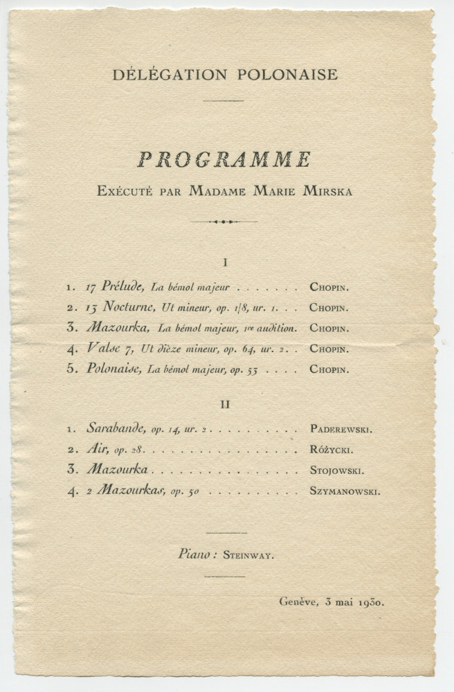 Programme récital donné le 3 mai 1930 à la Délégation polonaise à Genève par la pianiste Marie Mirska, interprète entre autres de la Sarabande op. 14 n° 2 de Paderewski
