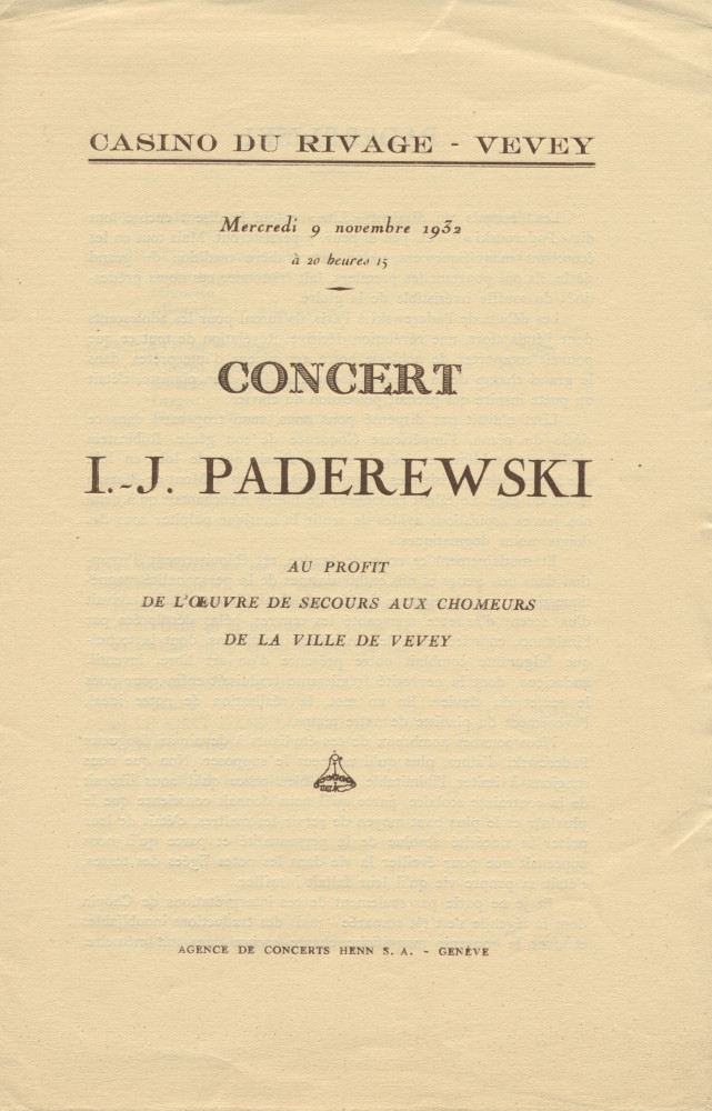 Libretto, billets et avertissement pour le récital donné par Paderewski le 9 novembre 1932 au Casino du Rivage de Vevey au profit de l'Œuvre de secours aux chômeurs de la ville de Vevey (a-e)