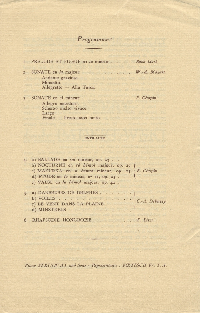 Libretto, billets et avertissement pour le récital donné par Paderewski le 9 novembre 1932 au Casino du Rivage de Vevey au profit de l'Œuvre de secours aux chômeurs de la ville de Vevey (a-e)