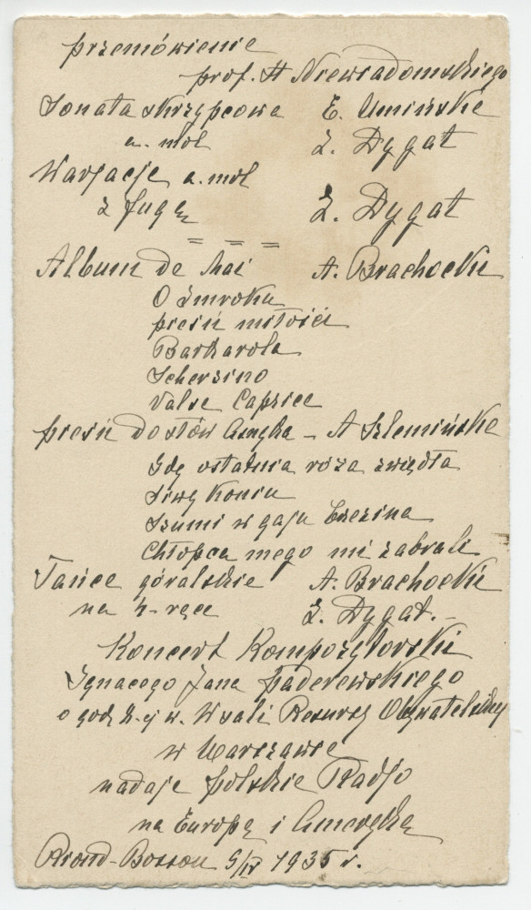 Programme (manuscrit en polonais) du récital-anniversaire «1885-1935» donné le 9 avril 1935 à Riond-Bosson