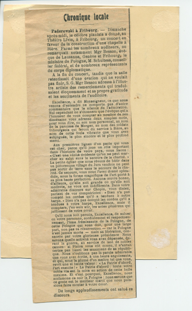 Programme du concert donné par Paderewski le 18 février 1937 à la Cathédrale de Lausanne – avec reproduction (journal) de l'allocution de Mgr prononcée à l'issue du concert