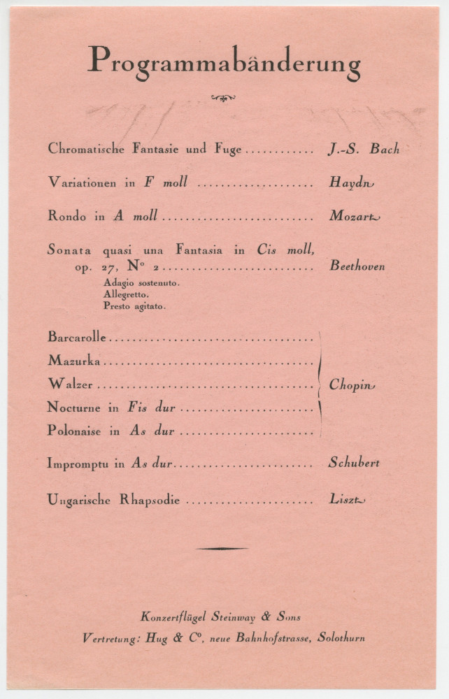 Programme du récital donné par Paderewski le 28 février 1937 au Grosser Konzertsaal de Soleure, sous le patronage du président de la Confédération Giuseppe Motta, au profit du Musée Kosciuszko de Soleure – Avec affichette et 2 billets d'entrée
