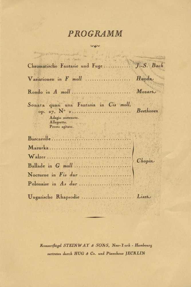 Programme du récital donné par Paderewski le 17 mars 1937 au Grosser Saal de la Tonhalle de Zurich