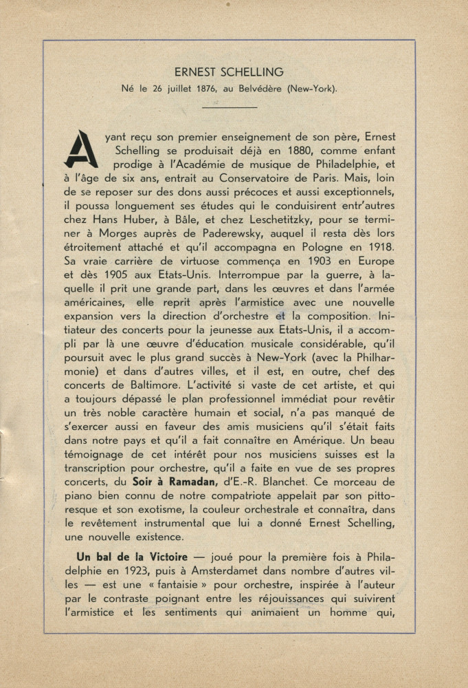 Libretto du premier concert d'abonnement de la saison lausannoise 1937-1938 de l'Orchestre Romand, donné le 11 octobre 1937 au Théâtre municipal sous la direction d'Ernest Ansermet, avec Ernest Schelling en soliste dans la «Fantaisie polonaise» de Pad.