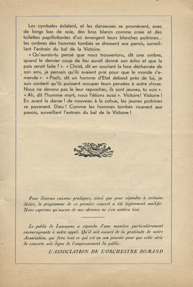 Libretto du premier concert d'abonnement de la saison lausannoise 1937-1938 de l'Orchestre Romand, donné le 11 octobre 1937 au Théâtre municipal sous la direction d'Ernest Ansermet, avec Ernest Schelling en soliste dans la «Fantaisie polonaise» de Pad.