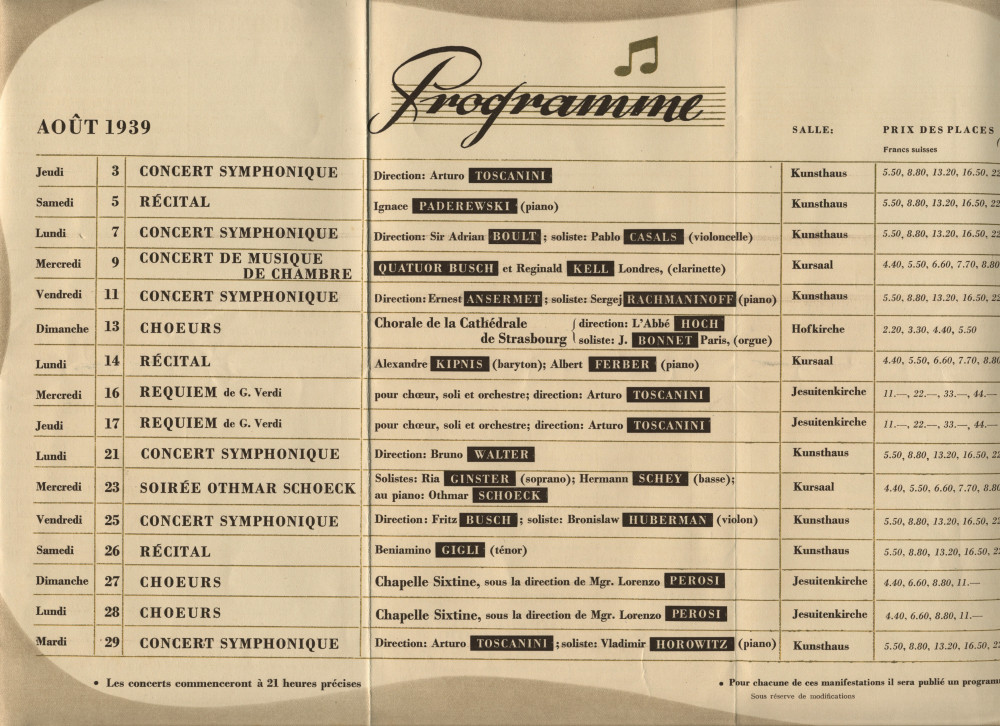 Programme (général) du récital donné par Paderewski le 5 août 1939 au Kunsthaus de Lucerne dans le cadre des [2e] Semaines musicales internationales
