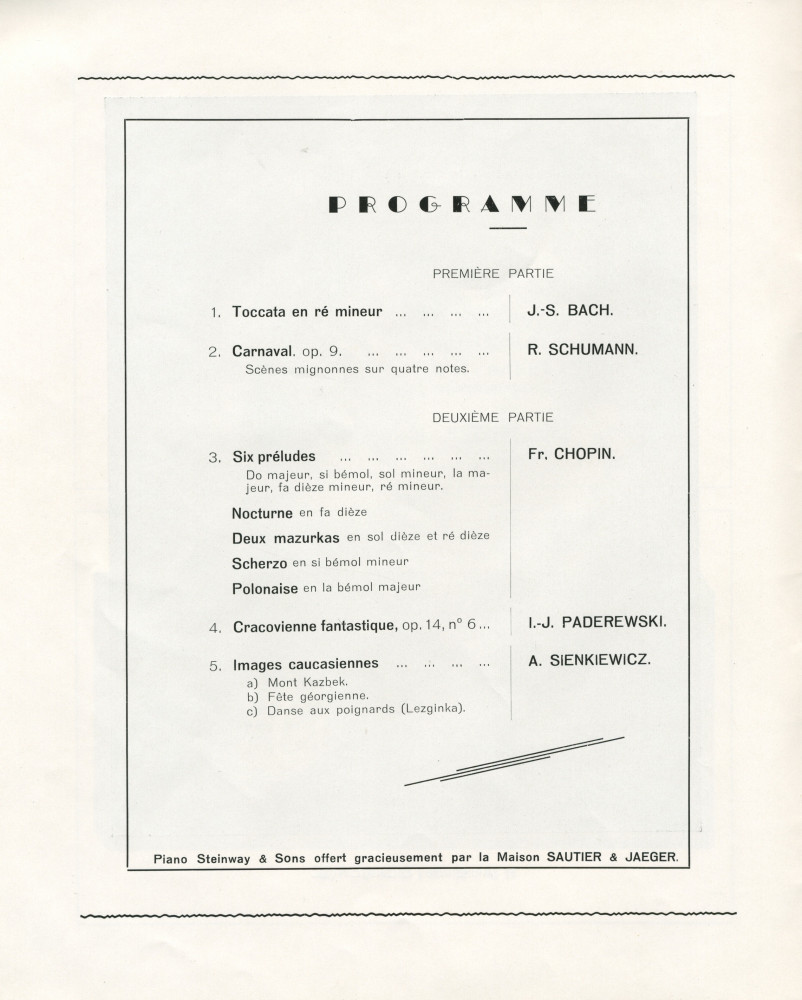 Libretto du concert extraordinaire offert par le pianiste Alexandre Sienkiewicz le 4 mai 1940 au Conservatoire de Genève, au profit des étudiants polonais victimes de la guerre, sous la haut patronage du «Président I. J. Paderewski» et de M. V. Martin, rec