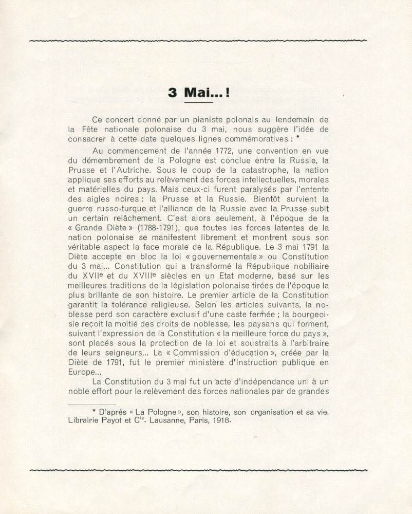 Libretto du concert extraordinaire offert par le pianiste Alexandre Sienkiewicz le 4 mai 1940 au Conservatoire de Genève, au profit des étudiants polonais victimes de la guerre, sous la haut patronage du «Président I. J. Paderewski» et de M. V. Martin, rec
