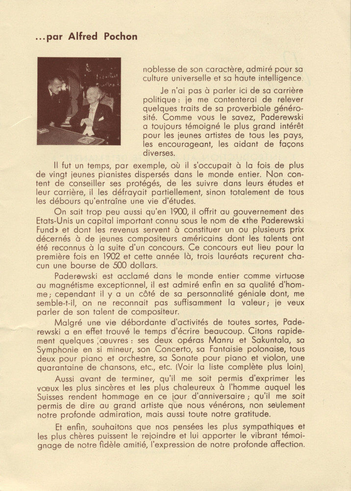 Libretto de l'hommage organisé par Radio-Lausanne le 7 novembre 1940 au Théâtre municipal pour célébrer le 80e anniversaire de Paderewski (a-e)