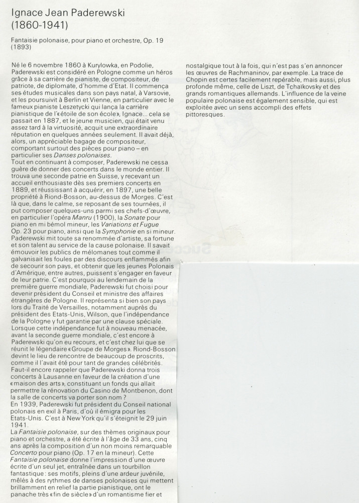 Libretto du concert donné le 29 juin 1981 au Théâtre de Beaulieu, dans le cadre du 26e Festival international de Lausanne, par l'Orchestre philharmonique de Cracovie dirigé par Jerzy Katlevicz, interprètes entre autres de la «Fantaisie polonaise» de Pad.