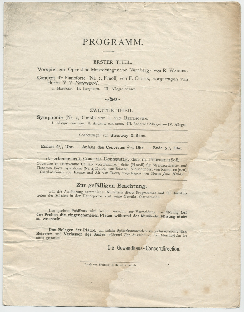 Programme du 15e concert d'abonnement du Gewandhaus de Leipzig donné le 3 février 1898 en présence de Sa Majesté le Roi Albert de Saxe, avec à l'affiche notamment le Concerto n° 2 de Chopin (avec Paderewski en soliste)