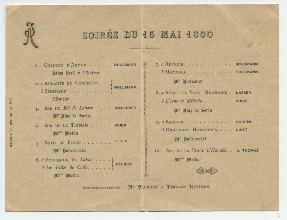 Programme de la soirée (privée?) donnée le 15 mai 1890 [à Paris] avec la participation (entre autres interprètes) de Paderewski dans une Ballade de Chopin et une Rhapsodie hongroise de Liszt