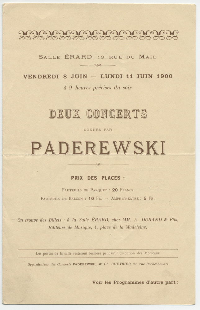 Programme des deux récitals donnés par Paderewski les 8 et 11 juin 1900 Salle Erard, 13 rue du Mail à Paris