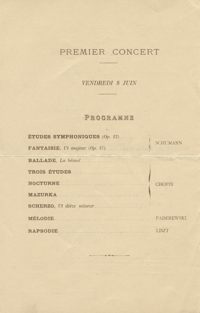 Programme des deux récitals donnés par Paderewski les 8 et 11 juin 1900 Salle Erard, 13 rue du Mail à Paris