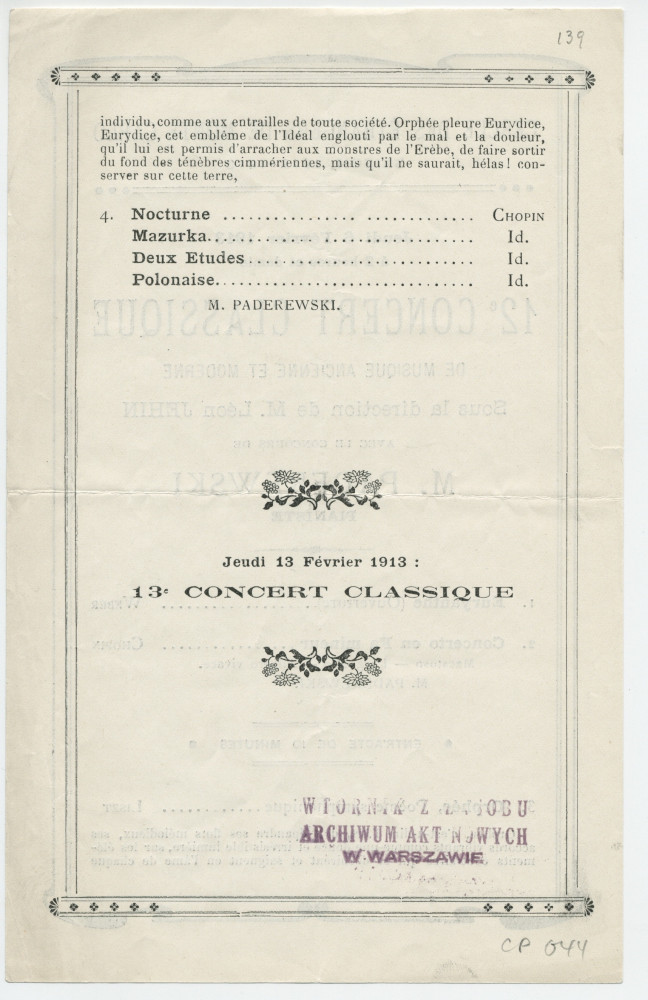 Programme du «12e concert classique de musique ancienne et moderne» de la saison 1912-1913 du Cercle des étrangers de Monte-Carlo donné le 6 février 1913, avec le concours de Paderewski dans le Concerto n° 2 et quatre pièces pour piano seul de Chopin