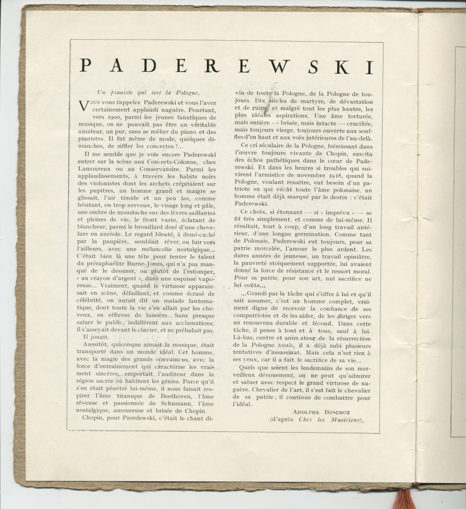 Libretto du concert organisé le 9 juin 1923 au Théâtre du Châtelet à Paris par l'Association des Concerts-Colonne au bénéfice du Monument Edouard Colonne avec le concours de Paderewski dans le Concerto «L'Empereur» de Beethoven (a-e)