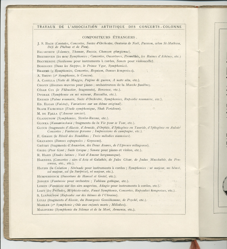 Libretto du concert organisé le 9 juin 1923 au Théâtre du Châtelet à Paris par l'Association des Concerts-Colonne au bénéfice du Monument Edouard Colonne avec le concours de Paderewski dans le Concerto «L'Empereur» de Beethoven (l-r)