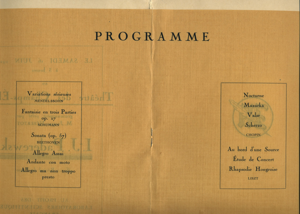 Programme du récital offert par Paderewski le 16 juin 1923 au Théâtre des Champs-Elysées à Paris («gracieusement prêté par M. Jacques Hébertot») au profit des Laboratoires scientifiques français