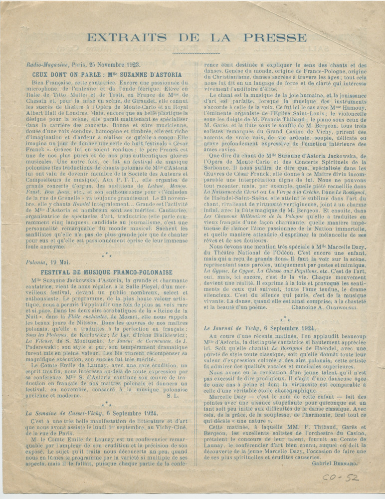 Programme (avec extraits de presse au verso) du 3e Festival de musique franco-polonaise organisé le 16 novembre 1924 Salle Pleyel à Paris, avec le concours (entre autres participants) de la cantatrice Suzanne d'Astoria Jackowski