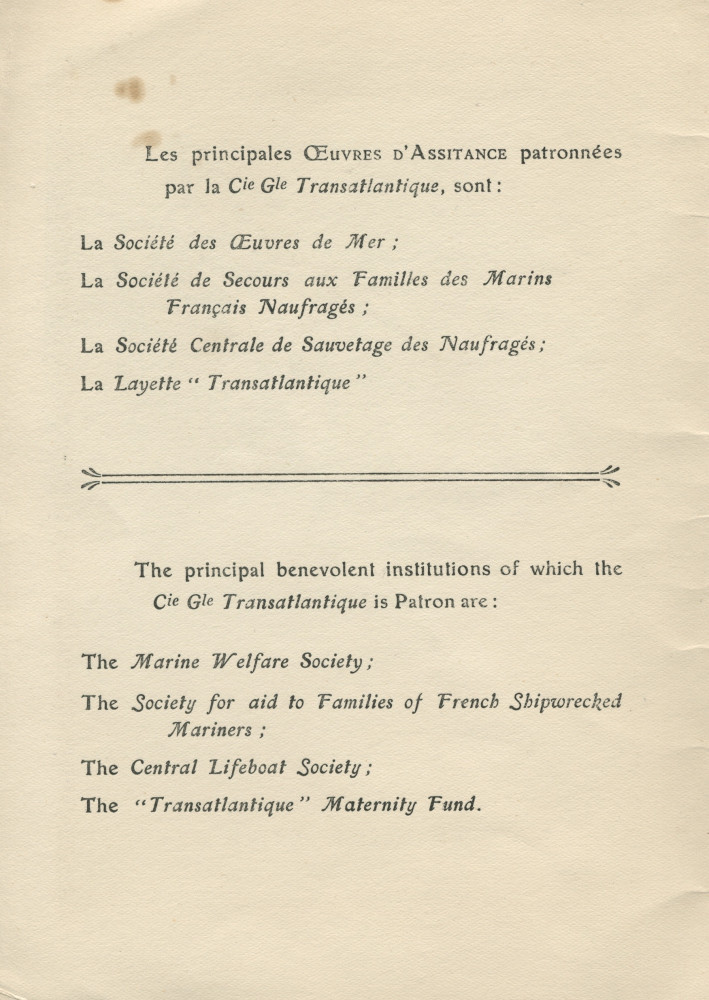 Libretto (bilingue français-anglais) de la Fête de bienfaisance organisée le 3 novembre 1925 à bord du paquebot «Paris» au profit des Sociétés de secours aux naufragés et Œuvres d'assistance patronnées par la Compagnie générale transatlantique (a-e)