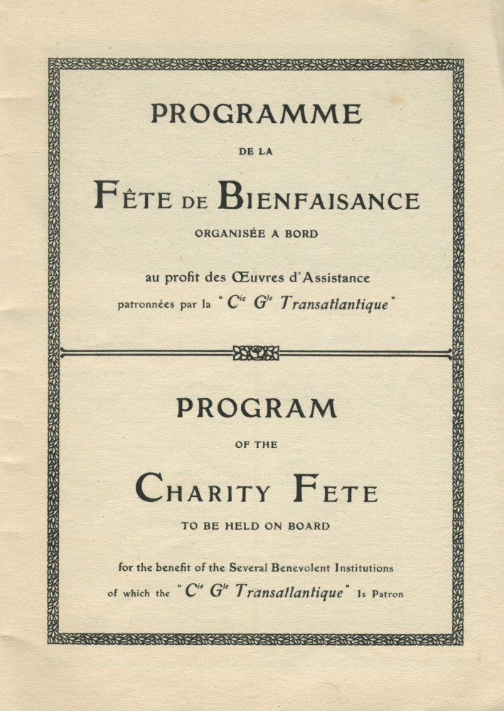 Libretto (bilingue français-anglais) de la Fête de bienfaisance organisée le 3 novembre 1925 à bord du paquebot «Paris» au profit des Sociétés de secours aux naufragés et Œuvres d'assistance patronnées par la Compagnie générale transatlantique (a-e)