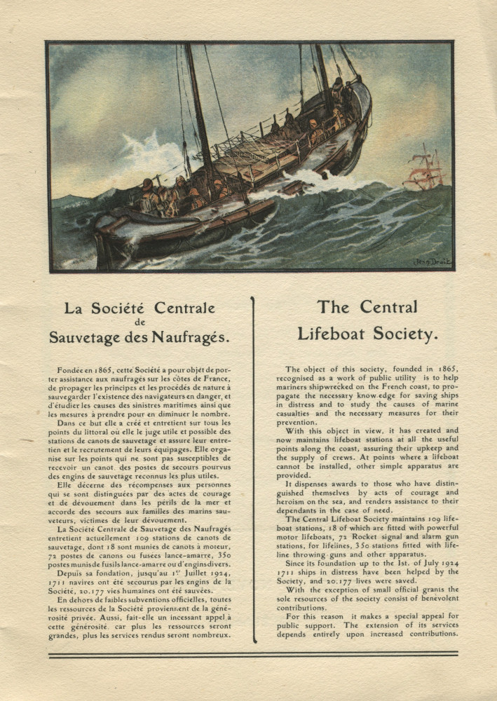 Libretto (bilingue français-anglais) de la Fête de bienfaisance organisée le 3 novembre 1925 à bord du paquebot «Paris» au profit des Sociétés de secours aux naufragés et Œuvres d'assistance patronnées par la Compagnie générale transatlantique (a-e)