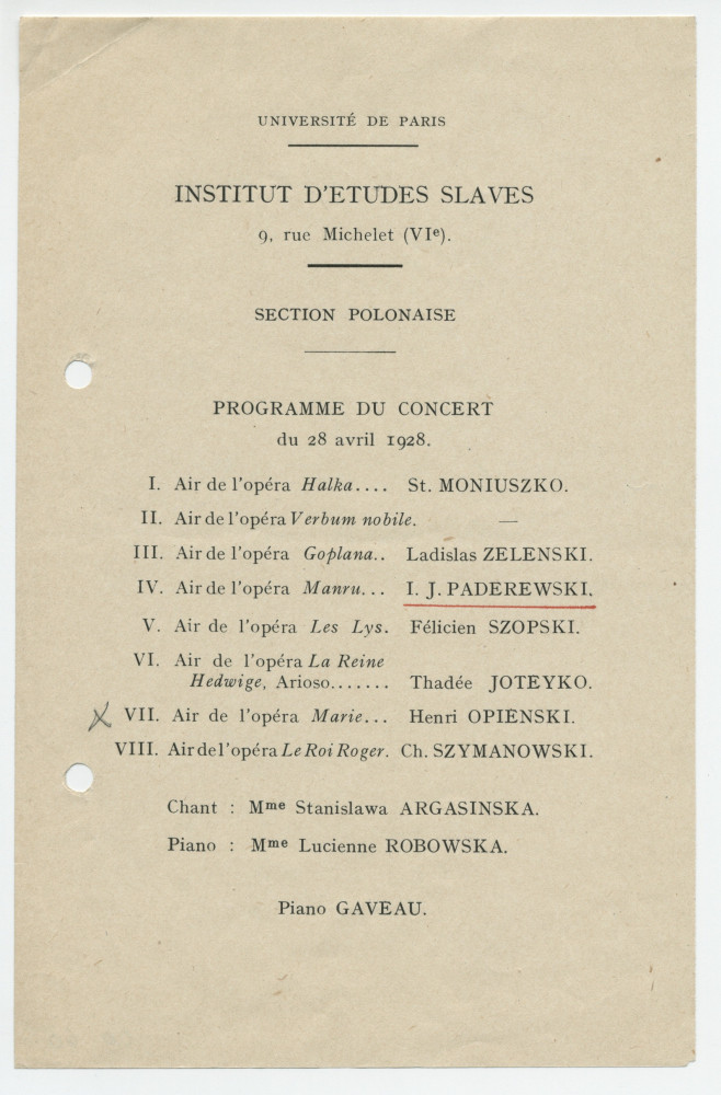 Programme du récital donné le 28 avril 1928 à l'Institut d'études slaves (section polonaise), 9 rue Michelet à Paris, par la cantatrice Stanislawa Argasinska et la pianiste Lucienne Robowska, interprètes notamment d'un air extrait de l'opéra «Manru» de Pad