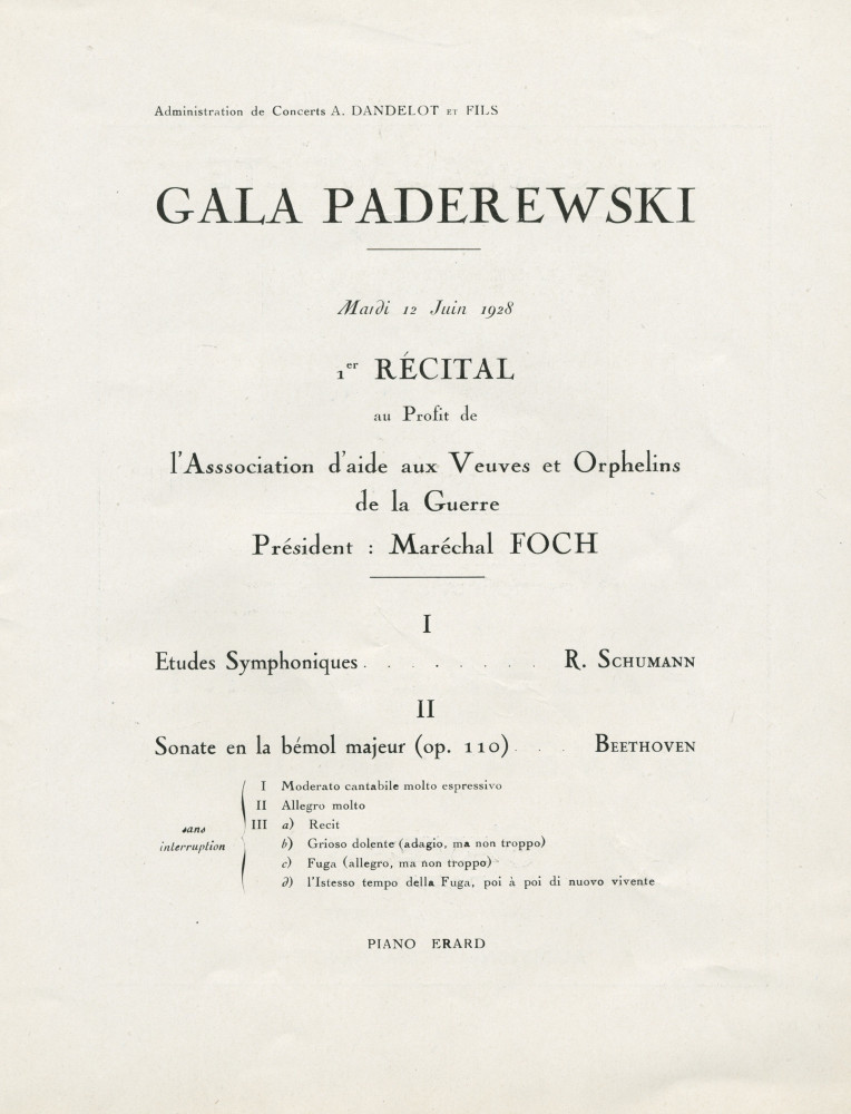 Libretto des trois récitals de gala donnés par Paderewski les 12, 16 et 23 juin 1928 au Théâtre des Champs-Elysées à Paris (f-j)