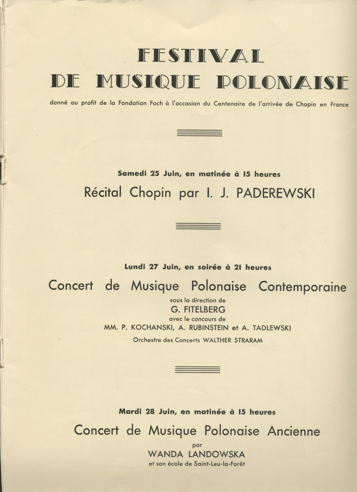 Libretto du Festival de musique polonaise organisé les 25, 27 et 28 juin 1932 au Théâtre des Champs-Elysées à Paris au profit de la Fondation Foch à l'occasion du centenaire de l'arrivée de Chopin en France (a-g)