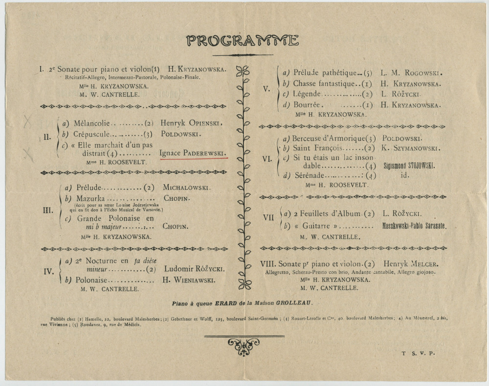 Programme du concert de musique polonaise donné le 25 mars 1940 à la Salle du Grand Cercle d'Angers par les Amis de la Pologne et organisé par la pianiste-compositeur Hélène Kryzanowska