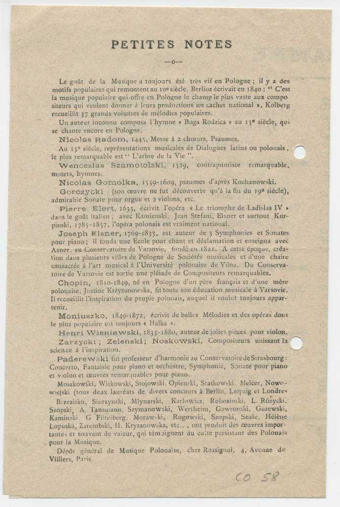 Programme du concert de musique franco-polonaise organisé le 29 mars 1940 à la Salle du Foyer du Théâtre de Colmar par le Comité des Amis de la Pologne de Colmar, avec le concours du violoniste M. Magadur et de la pianiste Hélène Kryzanowska