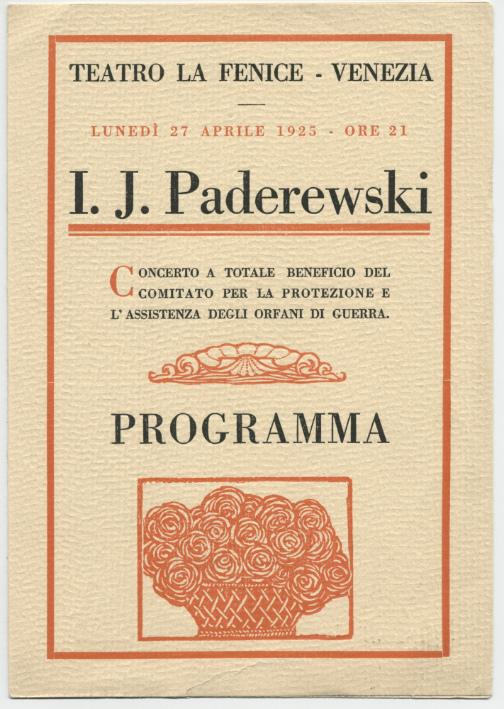 Programme du récital Chopin donné par Paderewski le 27 avril 1925 au Teatro La Fenice de Venise au bénéfice du Comité de protection et d'assistance aux orphelins de guerre