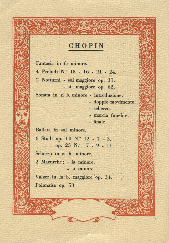 Programme du récital Chopin donné par Paderewski le 27 avril 1925 au Teatro La Fenice de Venise au bénéfice du Comité de protection et d'assistance aux orphelins de guerre