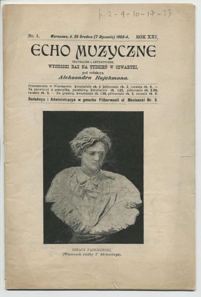 Libretto (en polonais) du concert d'abonnement de l'Orchestre philharmonique de Varsovie donné le 8 janvier 1904 à la Philharmonie de Varsovie sous la direction d'Emil [Szymon] Mlynarski, avec en soliste Paderewski dans le Concerto «L'Empereur»