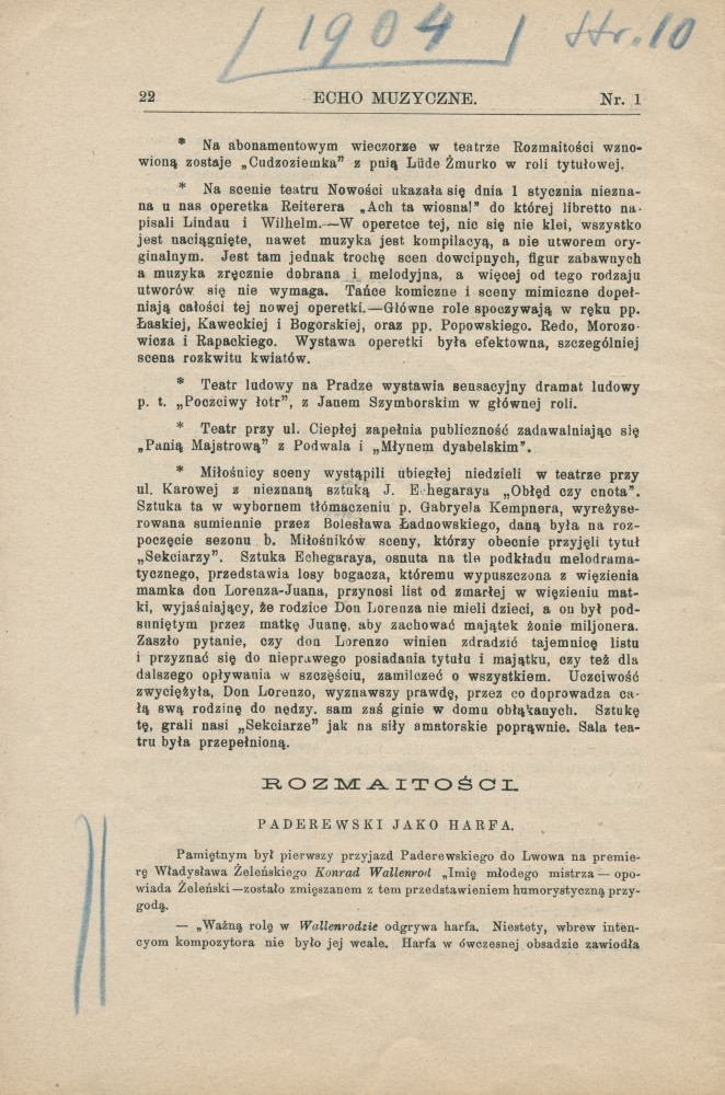 Libretto (en polonais) du concert d'abonnement de l'Orchestre philharmonique de Varsovie donné le 8 janvier 1904 à la Philharmonie de Varsovie sous la direction d'Emil [Szymon] Mlynarski, avec en soliste Paderewski dans le Concerto «L'Empereur»
