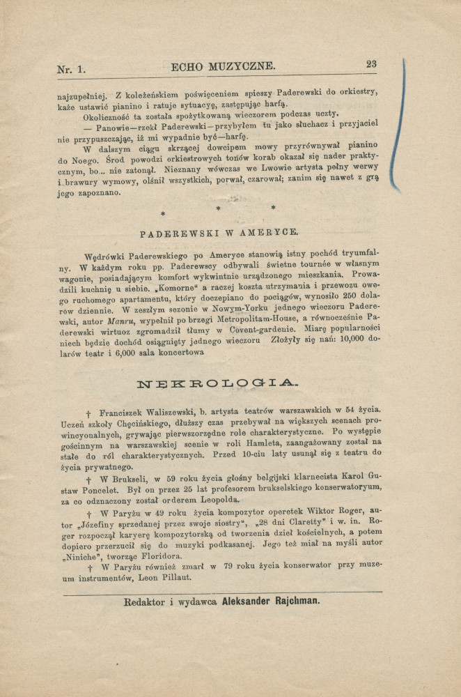 Libretto (en polonais) du concert d'abonnement de l'Orchestre philharmonique de Varsovie donné le 8 janvier 1904 à la Philharmonie de Varsovie sous la direction d'Emil [Szymon] Mlynarski, avec en soliste Paderewski dans le Concerto «L'Empereur»