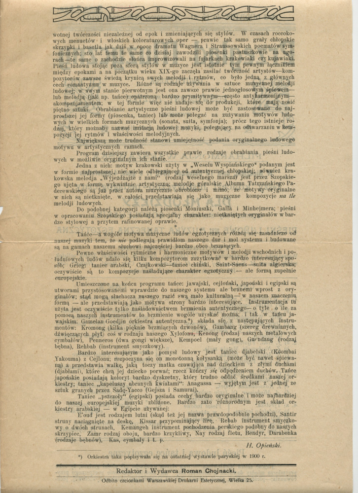 Libretto (en polonais) du concert «historico-pédagogique» pour la jeunesse donné le 13 novembre 1910 à la Philharmonie de Varsovie par Henryk Opienski et l'Orchestre symphonique de Varsovie